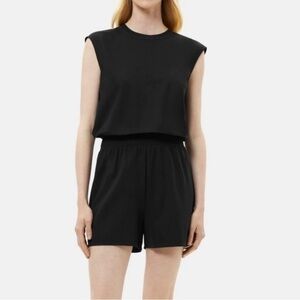 Theory Black Dolman Sleeve Romper in Drapey Piqué, Size Large